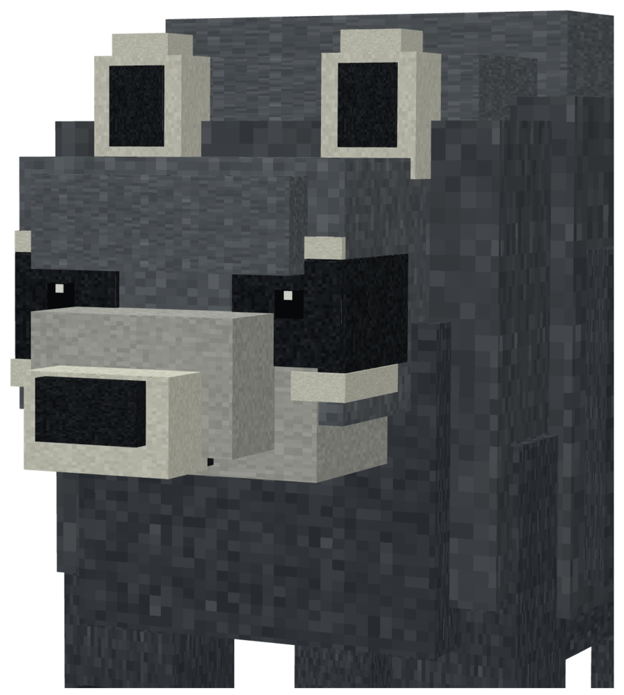 Close-up of Normal Jimothy&rsquo;s face: black mask, pale brows, tiny glinting eyes, blocky pale muzzle.