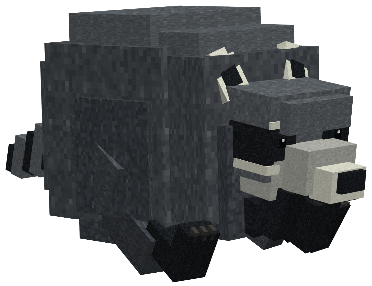 Normal Jimothy in the foreground: a grey, blocky raccoon with a black eye mask and a ringed tail, crouched low and creeping forward.