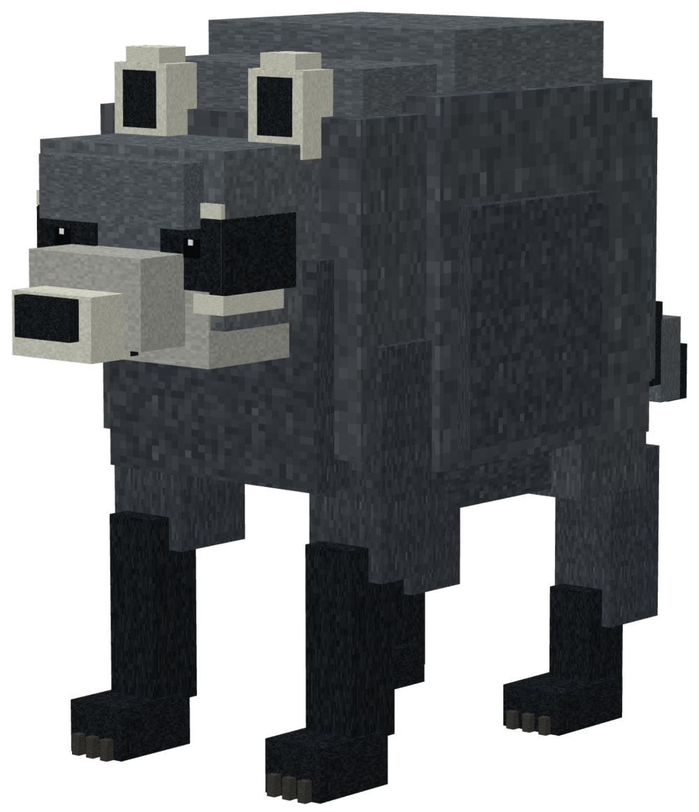 Normal Jimothy standing, three-quarter view: tall arched back, black mask, pale muzzle, dark legs.